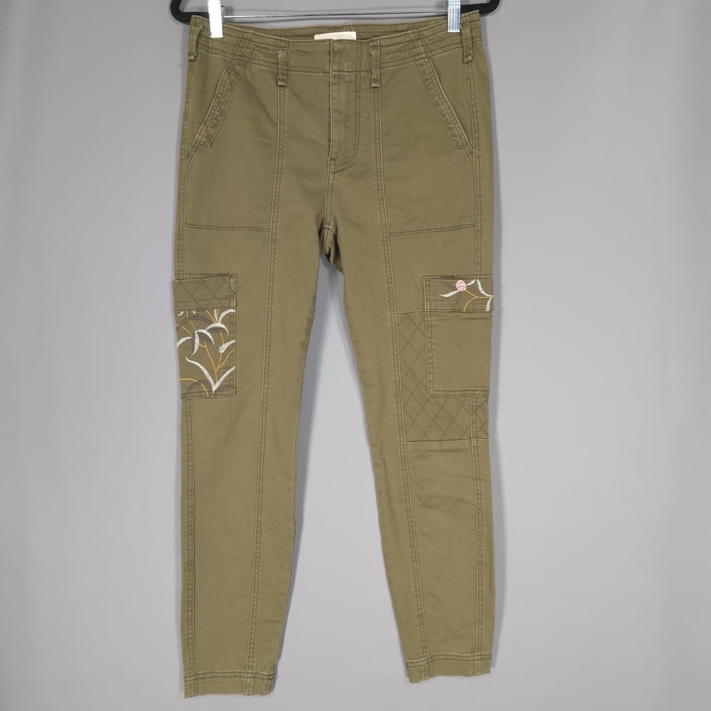Anthropologie Austen Embroidered Utility Cargo Jeans Pants 29 Mid Rise Olive‎
